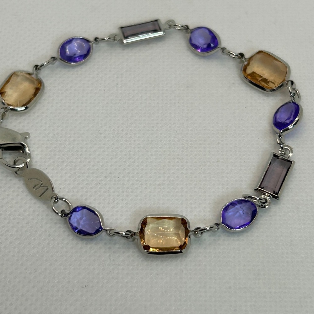 Silver Tone Multicolor Crystal Link Bracelet Purple Champagne Le Signed